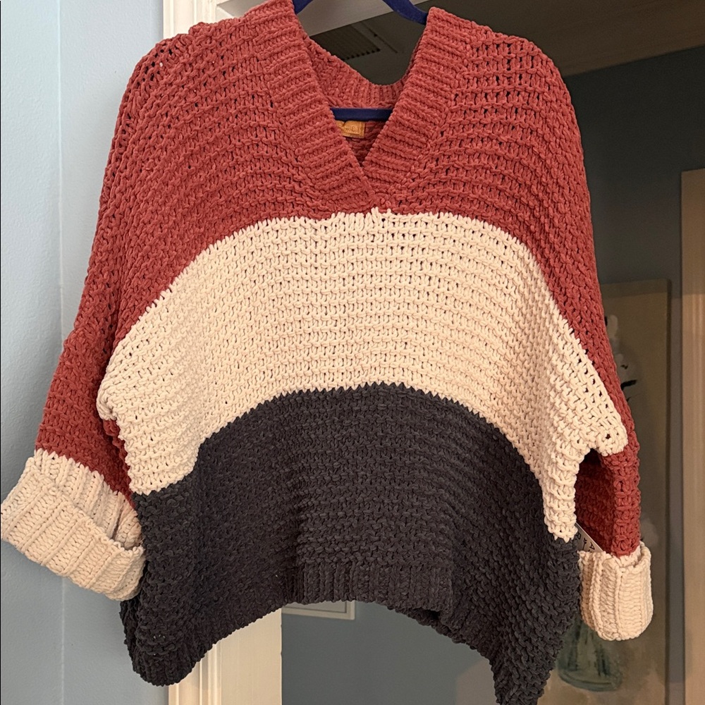 POL Women's V-Neck Sweater in Rust, Cream, and Black